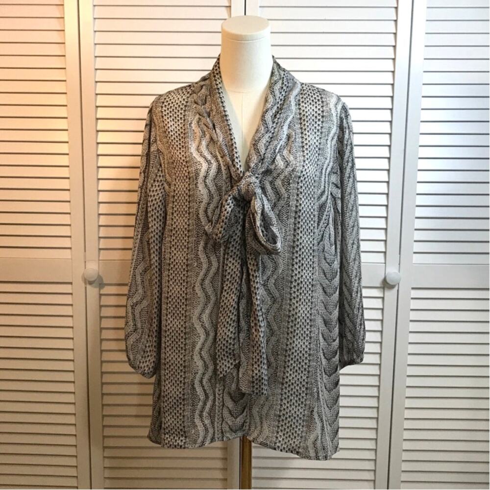 Worthington Retro Boho Snakeskin Striped Tie Neck Bow Blouse 2X